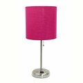 Creekwood Home Oslo 19.5in Power Outlet Base Standard Metal Table Lamp, Brushed Steel, Pink Drum Fabric Shade CWT-2009-PN